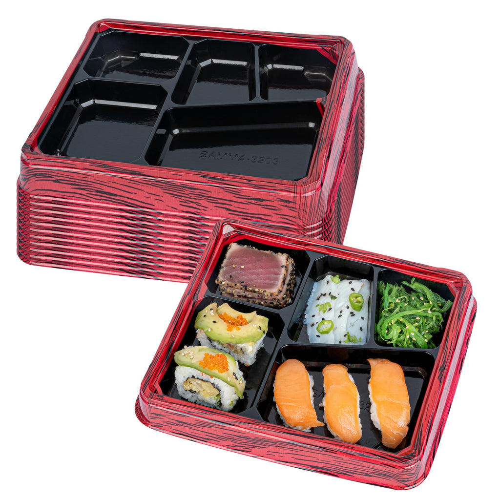 Restaurantware-Bento Tek 18.3 Ounce Meal Prep Containers, 100 Disposable To Go Food Boxes - Lids Sold Separately, 5 Compartments, Red And Black Plastic Bento Lunch Boxes, Freezable, For Take Out
