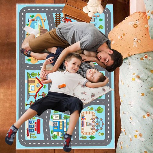 YSYTLCL Kids Rug Car Rugs 31''x47'' Playmat Carpet for Play Toy Cars for Playroom Classroom Kids Room, Non-Slip Road Traffic Floor Rug Mats, Washable Children's Town Road Play Rug.