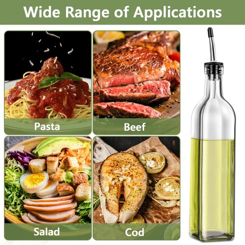 Leaflai Olive Oil Dispenser Bottle, 2 Pcs Glass Olive Oil Dispenser and Vinegar Dispenser Set with 2 Stainless Steel Pourers, 4 Labels,1 Brush and 1 Funnel Oil Bottles for Kitchen (500ml)