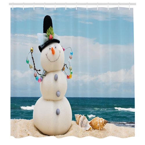 Ambesonne Snowman Shower Curtain, Winter Vacation Holiday Theme Figure Seashells Sitting on Sandy Beach Coastal, Cloth Fabric Bathroom Decor Set with Hooks, 69" W x 70" L, Blue Sand