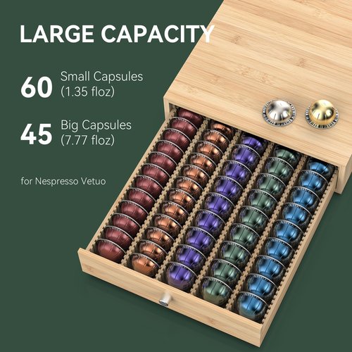 WELL WENG for Nespresso Vertuo Capsules (NV145) - Premium Bamboo Coffee Pod Drawer, 45 Big or 60 Small Vertuoline Pods Organizer - 13.25"Wx14"Dx3.9"H (Natural)