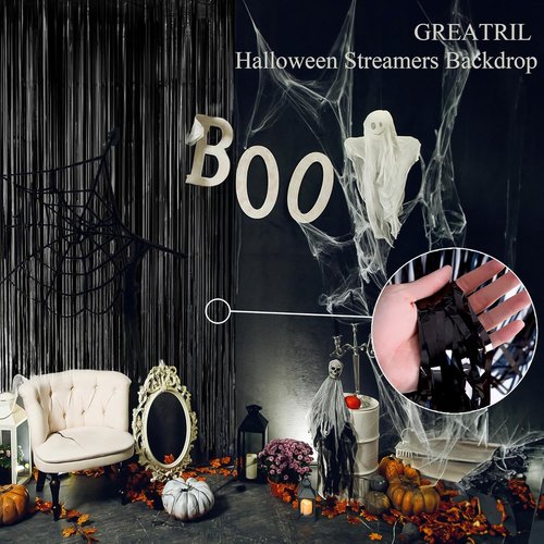 GREATRIL Black Fringe Backdrop - Stunning Outdoor Holiday Streamers | 3.2ft x 8.2ft, 2 Packs