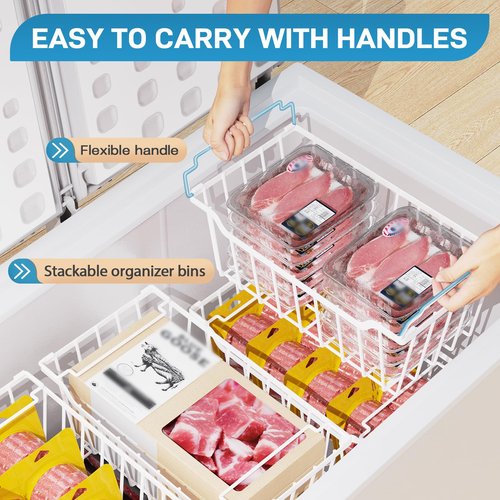 SUNALLY Freezer Organizer Bins, 4 Pack Chest Freezer Organizer Stackable for 5-7 Cu.FT Deep Freezer Sort Frozen Meats and Food, Freezer Storage Baskets with Handles Easy Reach from Bottom, White