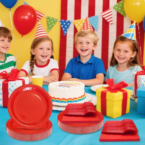 WXLDGHQ Red Paper Plates 9 Inch Set Disposable Red Birthday Dessert Dinner Plates and Napkins Party Supplies(75 PCS)