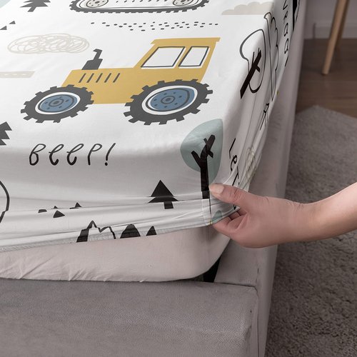 Datura home Woodland Construction Sheets Set 4Pcs for Kids,Cartoon Excavator Truck Lifter Print Sheet Set with 1 Flat Sheet and 1 Fitted Sheet + 2 Pillowcases(Woodland Construction Full)