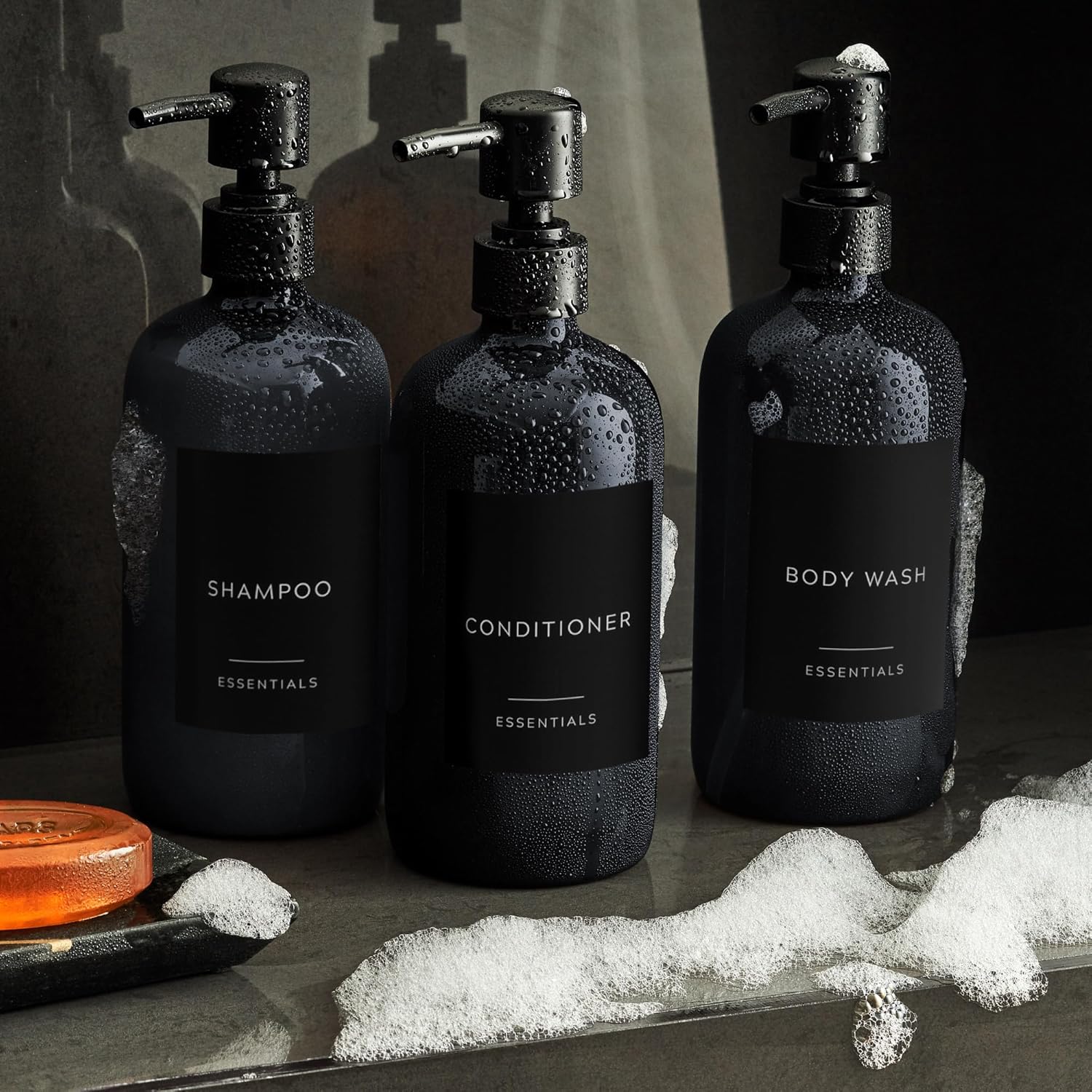 Stylish Shampoo & Conditioner Dispenser Set - Modern 21oz Pump Bottles with Labels | Easy Refill for Bathroom Decor - Black