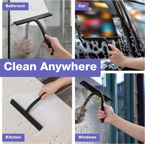 Kincmax Shower Squeegee - Stainless Steel Silicone Tool for Glass Doors & Windows - Medium Black