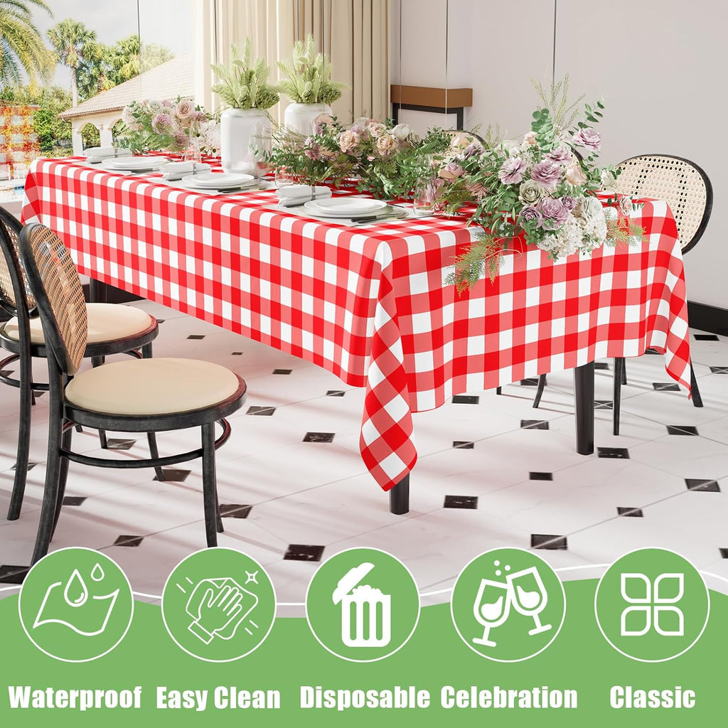 Smiry Disposable Tablecloths - 3 Pack Red Gingham Waterproof Rectangle Covers | 54" x 108" for Picnics & Parties