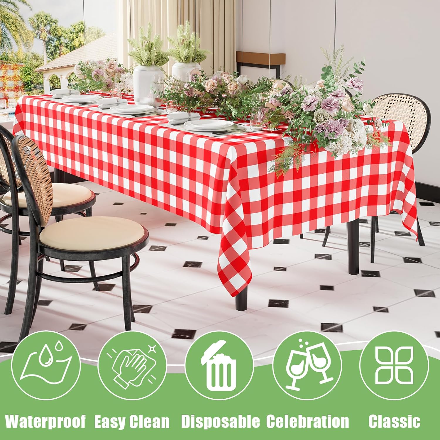 Smiry Disposable Tablecloths - 3 Pack Red Gingham Waterproof Rectangle Covers | 54" x 108" for Picnics & Parties
