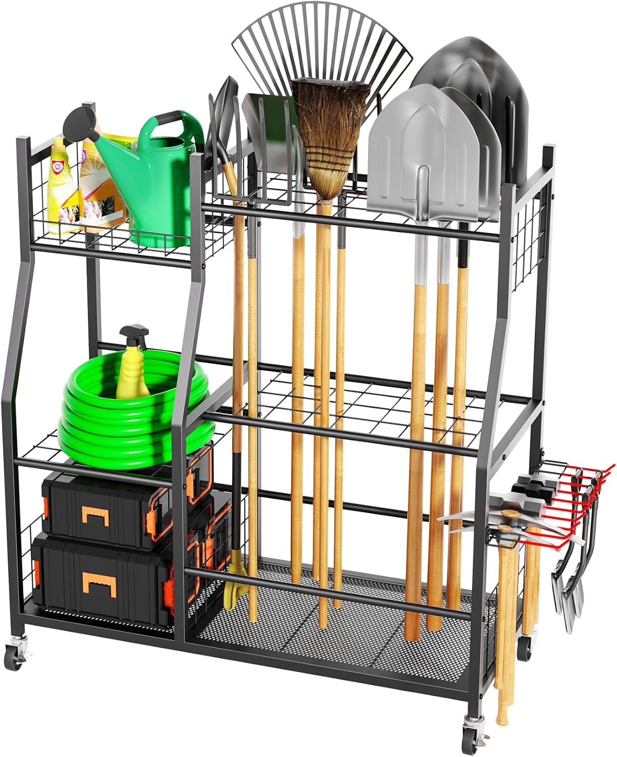 Skiennix Garden Tool Organizer - Freestanding Rolling Cart for Long Handled Tools | Yard Storage Rack
