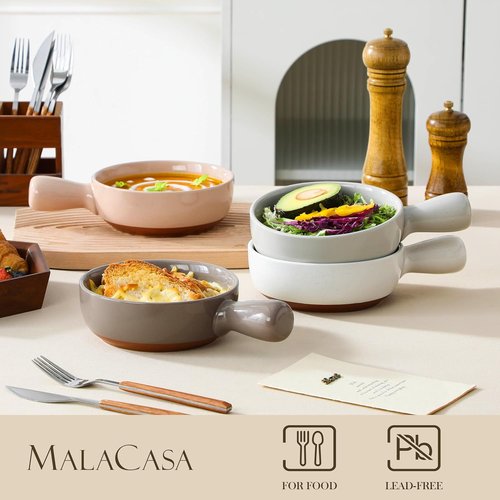 MALACASA 23 Oz French Onion Soup Bowls - Durable Ceramic Crocks with Handles | Set of 4, Multicolor