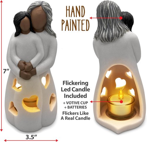 Grandma-Granddaughter Hand-Painted Candle Holder Statue - Flickering LED Candle | Unique Gift for Nana, Gigi, Christmas & Birthdays (Dark)