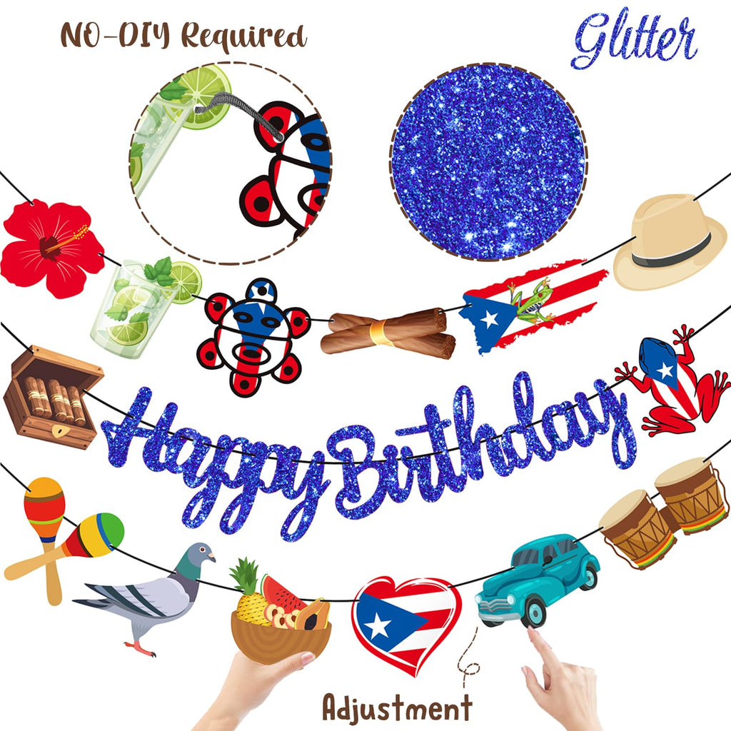 Puerto Rico Party Supplies Puerto Rican Birthday Banners Glitter Blue Puerto Rican Themed Decorations 3PCS Puerto Rican Flag Banners for Patriotic Anniversary Veterans Day Decor