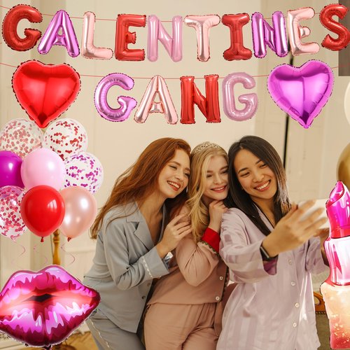 Galentines Gang Balloons Banner Set - Galentines Day Decorations with Letter Heart Foil Lips Balloon, Girls Night Party Supplies for Women Friends Valentines Day Decor