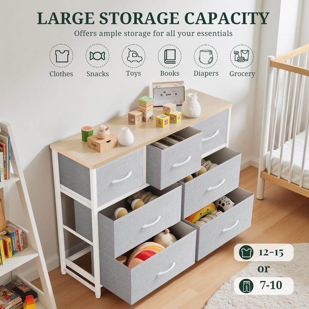 Skiennix 7-Drawer Dresser - Anti-Tip Fabric Storage Organizer with Wooden Top | Light Gray Finish