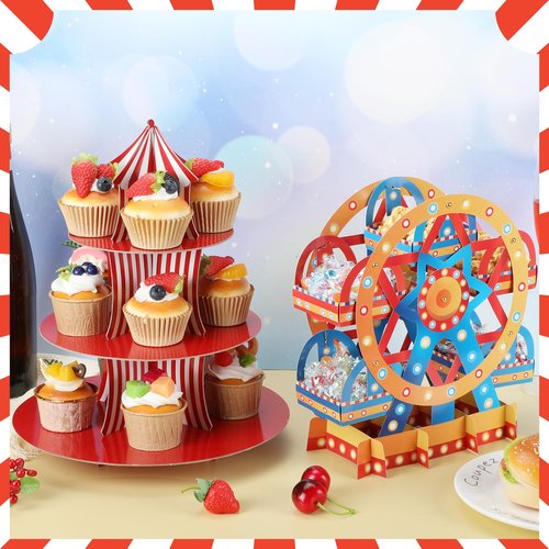 Vesici Set of 4 Carnival Theme Ferris Wheel Centerpieces and Cupcake Stands 3 Tier Cardboard Cupcake Holder for Dessert Displays Birthday Party Decorations