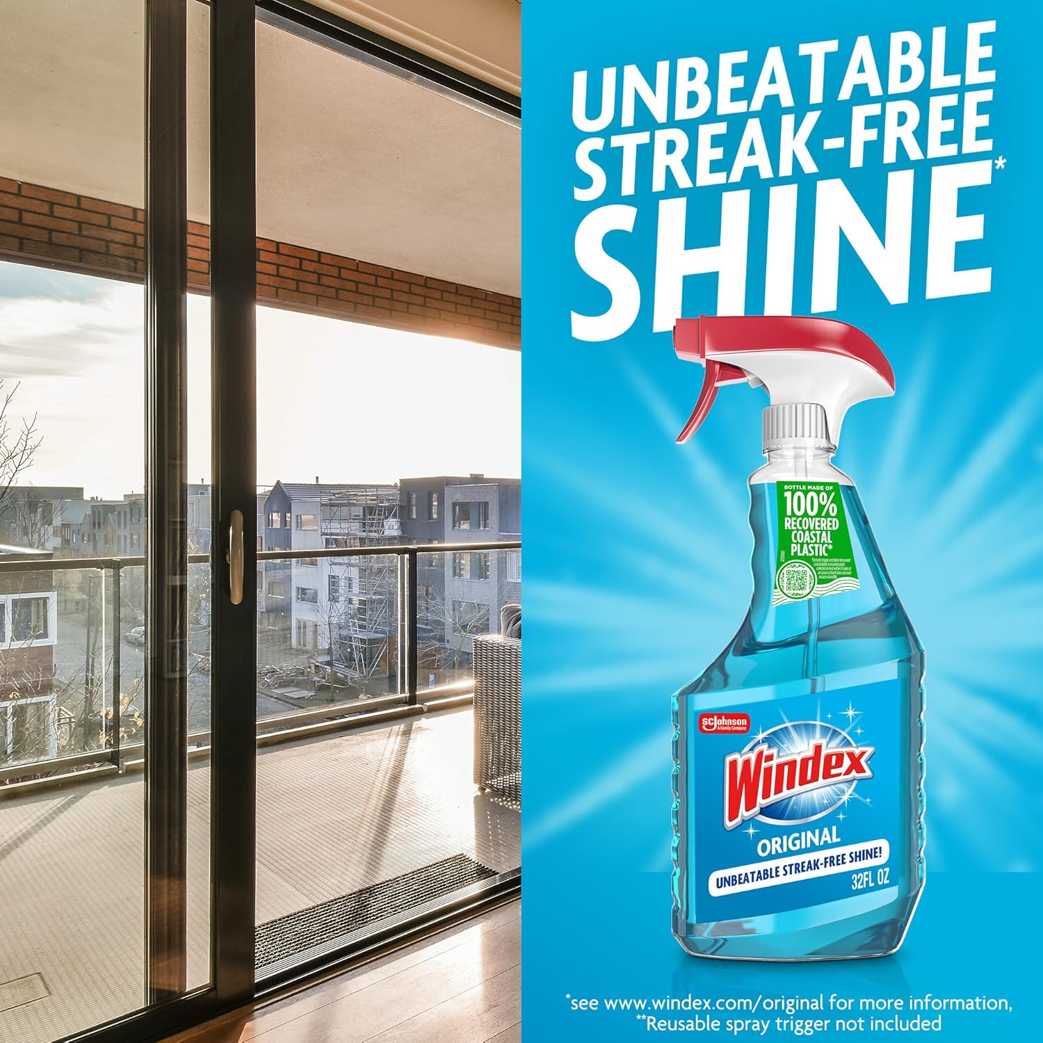 Windex Refill Glass & Window Cleaner - Eco-Friendly 100% Recycled Plastic, Original Blue Scent, 2L (Pack of 6)