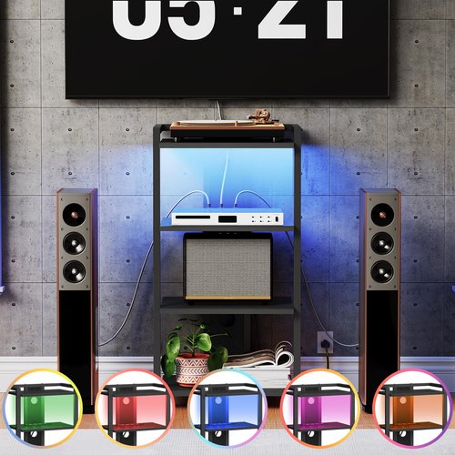 HOOBRO 4-Tier AV Media Stand with Charging Station and LED Light, Wooden Stereo Stand, Rack Audio Tower, Corner TV Stand, Entertainment Device, Black BB38UDCJ01