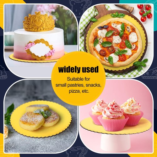Nuenen 100 Packs Gold Cake Boards Round 10 Inch Cakeboard Circle Scallop Edge Cardboard Base Boards Disposable Cake Plate Grease Proof and Oil Proof Suitable for Wedding Birthday Decorating