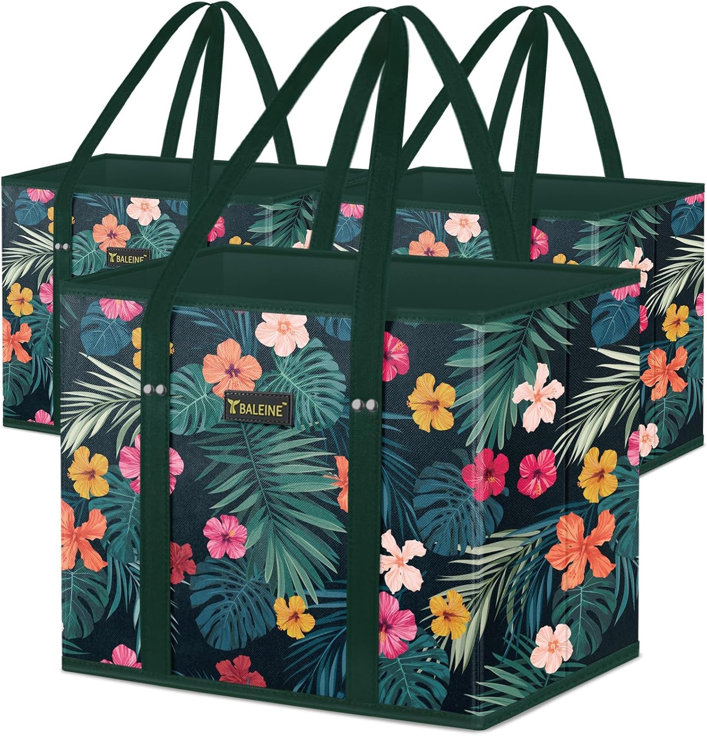 BALEINE Reusable Grocery Bags - Foldable Shopping Bags with Reinforced Bottom & Handles | Blossom Season (3-Pack)