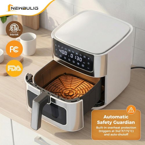 NEWBULIG Air Fryer - 6.34QT Capacity with Visible Window & Fast Heating - Stainless Steel, White
