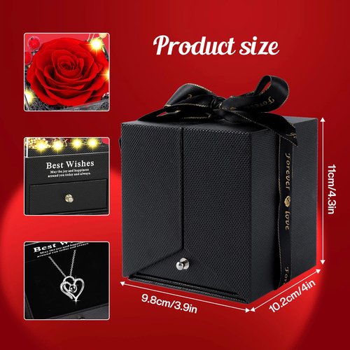 Pasuvsigt Valentines Day Rose Gifts for Her, Preserved Real Rose with I Love You Heart 100-Language Necklace, LED Lights & Music Box, Anniversary Birthday Valentines Gifts for Women Girlfriend Mom