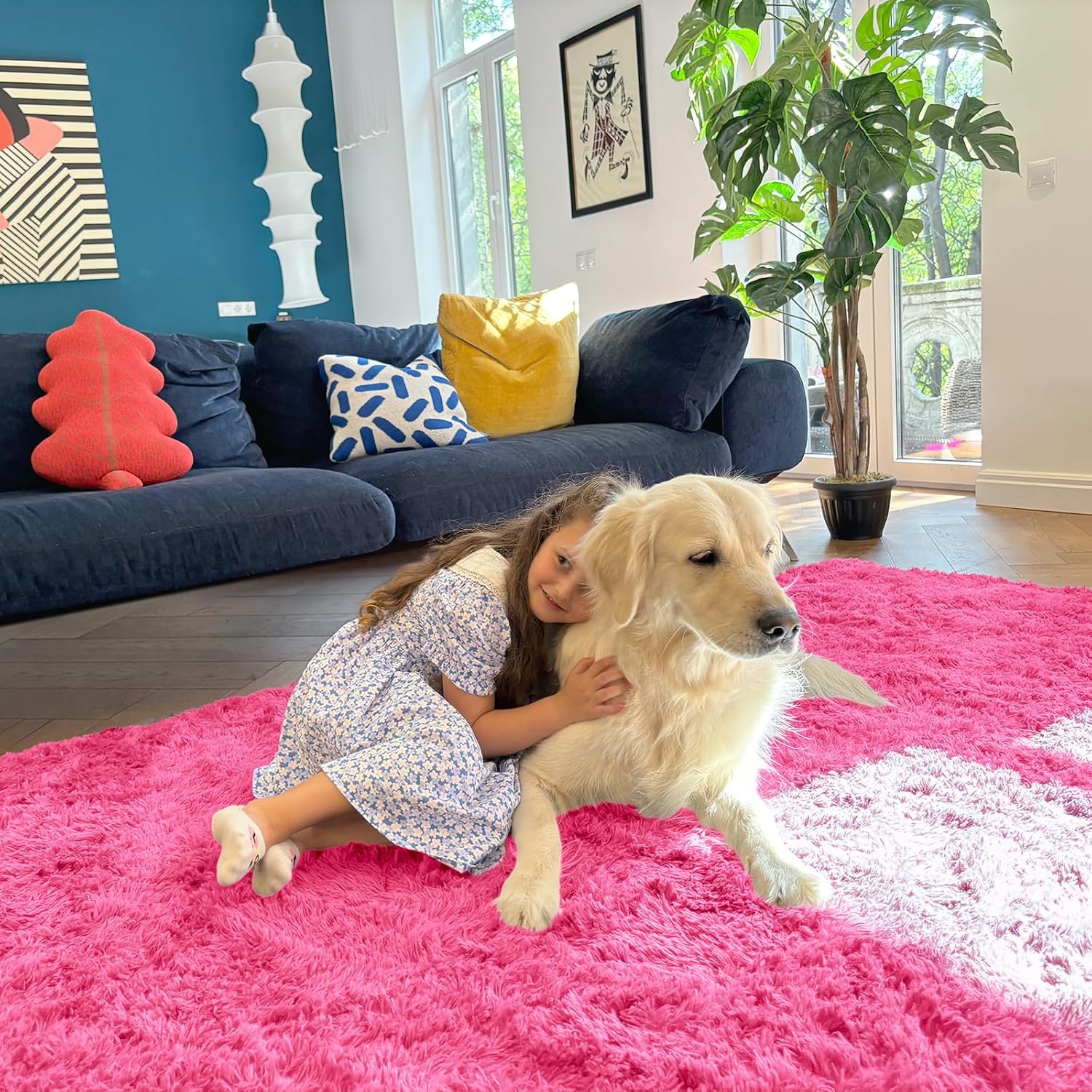 OLANLY Machine Washable 2x4 Runner Rug - Soft Fluffy Shaggy Carpet for Bedroom & Hallway | Hot Pink