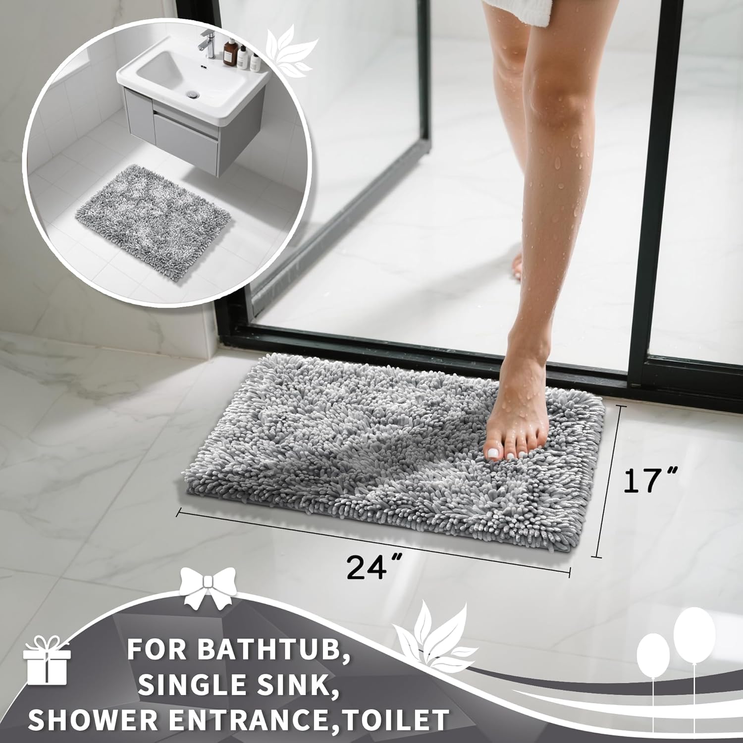 Yimobra Chenille Bathroom Rug - Extra Thick, Soft & Absorbent | Machine Washable, 24x17, Light Grey