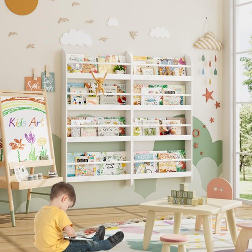 FOTOSOK 2 Pcs Kids Bookshelf, Set of 2 Wall Mount 4-Tier Book Shelf Organizer for Toys and Books, Toy Storage Bookshelf for Kids in Bedroom Living Room, White