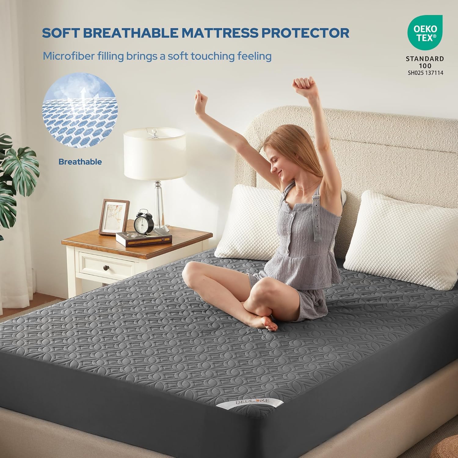 Skiennix Waterproof Mattress Protector - Noiseless Queen Size Pad with Deep Pocket | Soft, Breathable & Washable (Gray)
