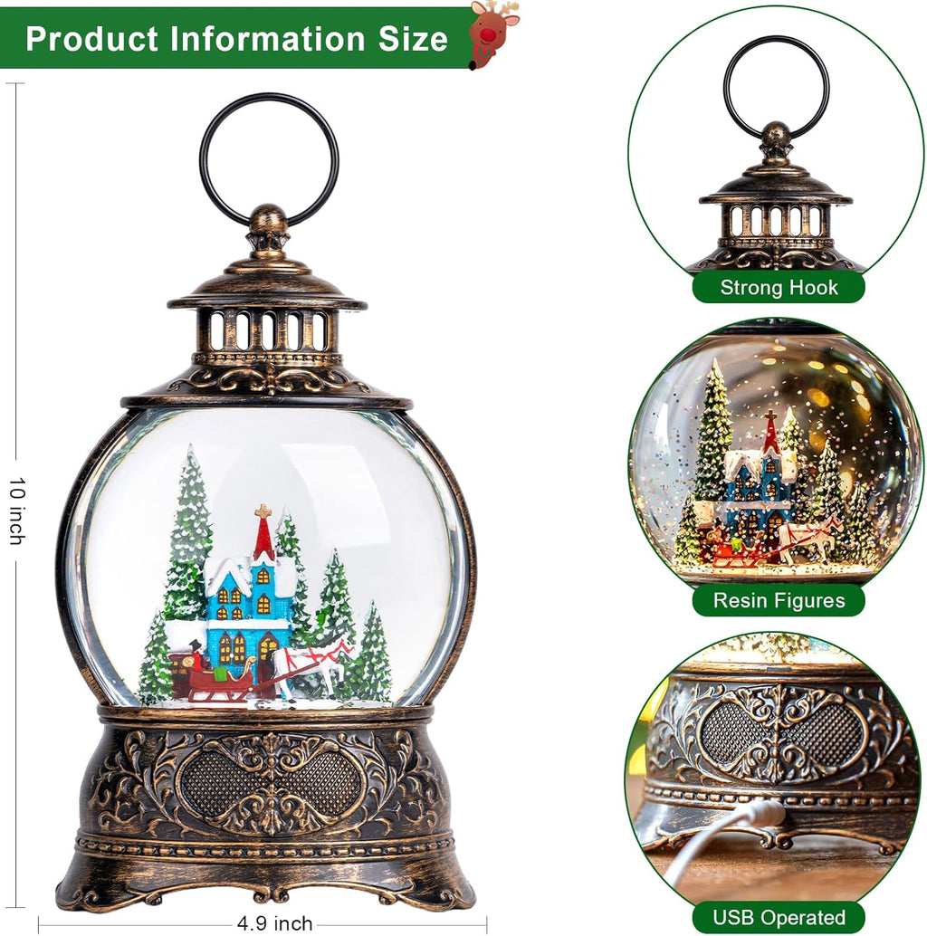 Regine Switzerland Christmas Snow Globe - Musical Water Lantern with Carriage & 6H Timer | USB/Battery Operated for Festive Decor
