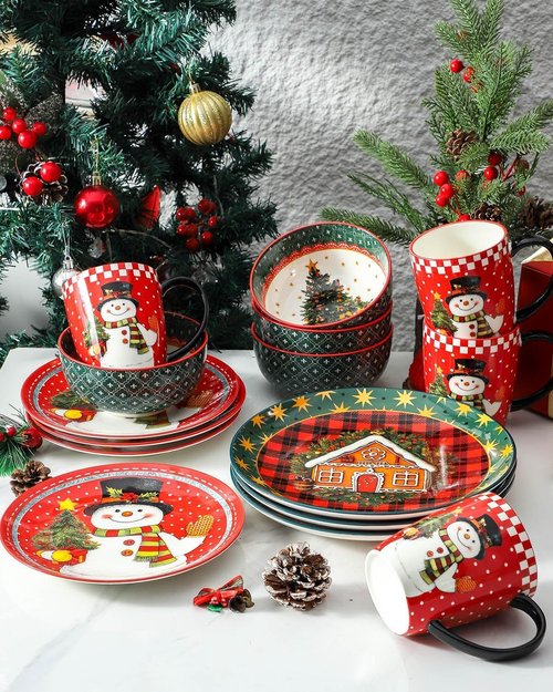 HASENSE 18 Pieces Dinnerware Sets for 6, Christmas Plates and Bowls Set for Valentie's Day, Ceramic Chip Resistant Tableware Dishes Set, Scratch Resistant Microwave and Dishwasher Safe, Multicolor