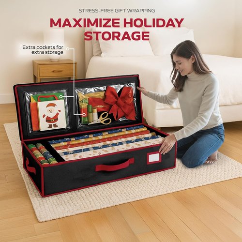 Christmas Wrapping Paper Organizer - Fits Up to 24 Rolls | Storage Bag with Straps & Pockets - Black