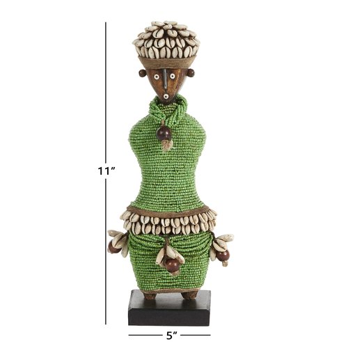 Deco 79 Small Hand-Crafted Pine Wood, Cowrie Shells, Green Beads & Kente Cloth African Woman Namji Doll, 3" x 5"