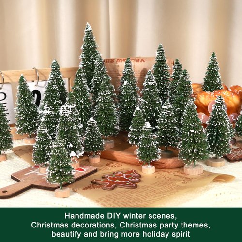 30pcs Mini Christmas Trees, Artificial Christmas Pine Tree Mini Bottle Brush Trees Tabletop, Small Sisal Trees with Wooden Bases, Xmas Holiday Home Decor (Green-A)