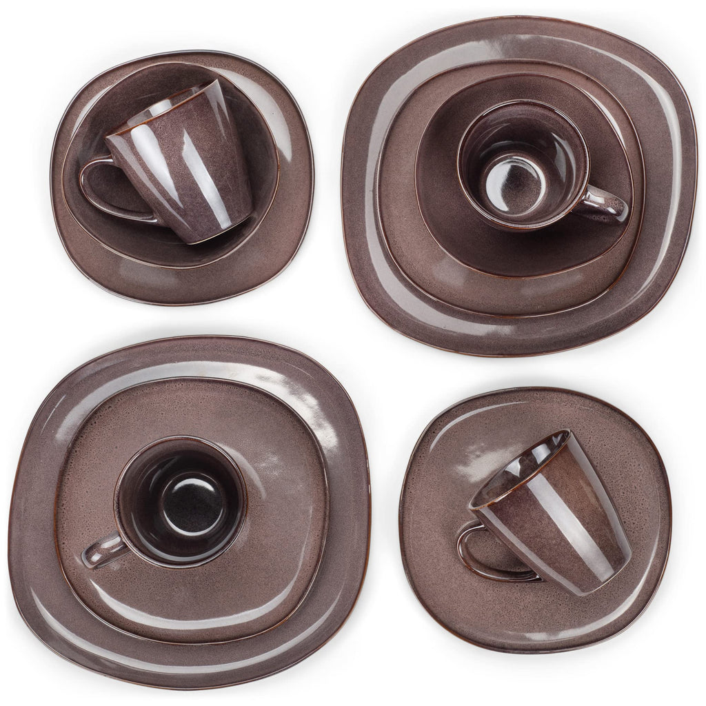 Elanze Designs 16-Piece Modern Luxury Chic Smooth Vintage Handmade Shape High Gloss Ceramic Stoneware Square Plate Mug & Bowl Kitchen Dinnerware 16 Piece Set - Service for 4, Plum Purple