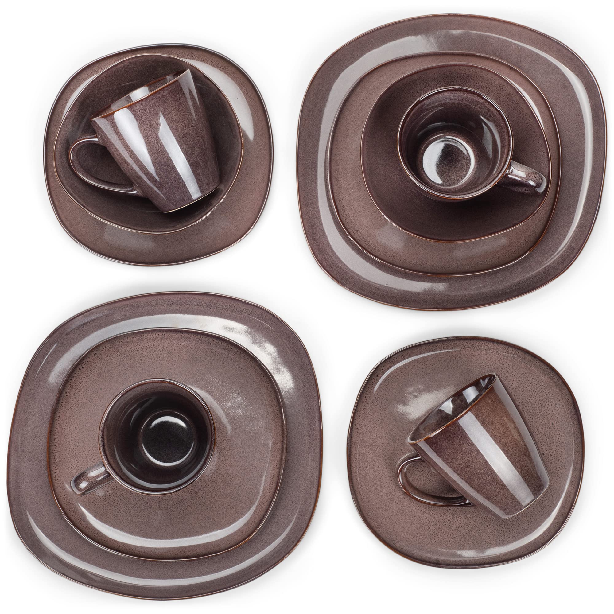 Elanze Designs 16-Piece Modern Luxury Chic Smooth Vintage Handmade Shape High Gloss Ceramic Stoneware Square Plate Mug & Bowl Kitchen Dinnerware 16 Piece Set - Service for 4, Plum Purple