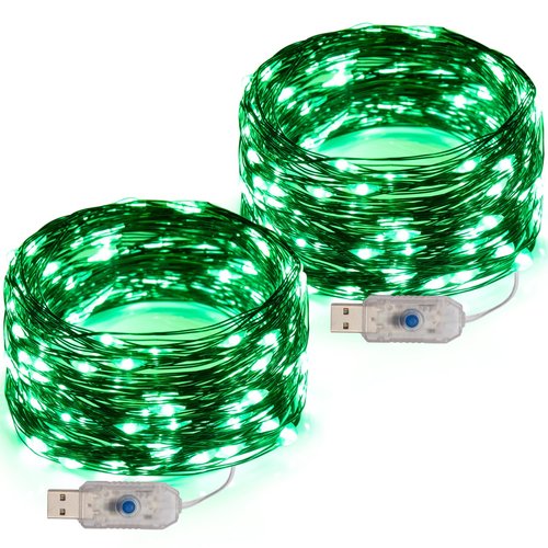 Beingreat 2 Pack USB Plug-in Fairy Lights, 33ft 100 Mini LED String Lights with Black Green Wire for Bedroom Wedding St. Patrick's Day Christmas Party DIY Crafting, Green