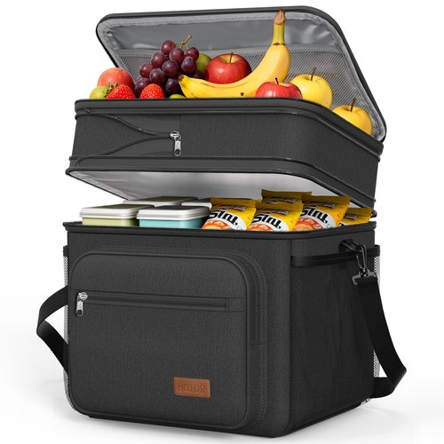HOTOR Lunch Box for Men & Women - Double-Layer Insulated Lunch Bag with Leakproof Liner, Portable Cooler for Work, Travel, or Picnic, Black, 13.4" x 11.8" x 10.6"