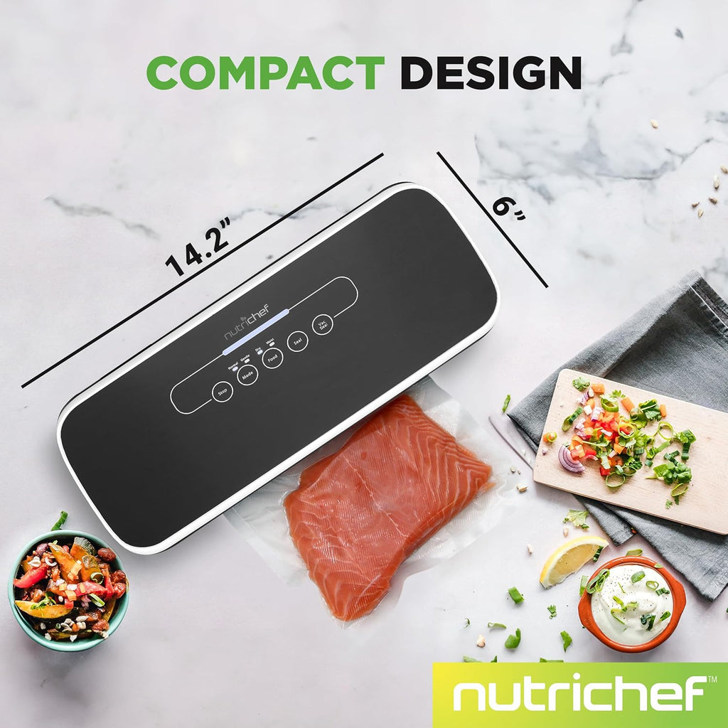 NutriChef Vacuum Sealing System - Automatic Food Preservation with Starter Kit | Compact Design, Black