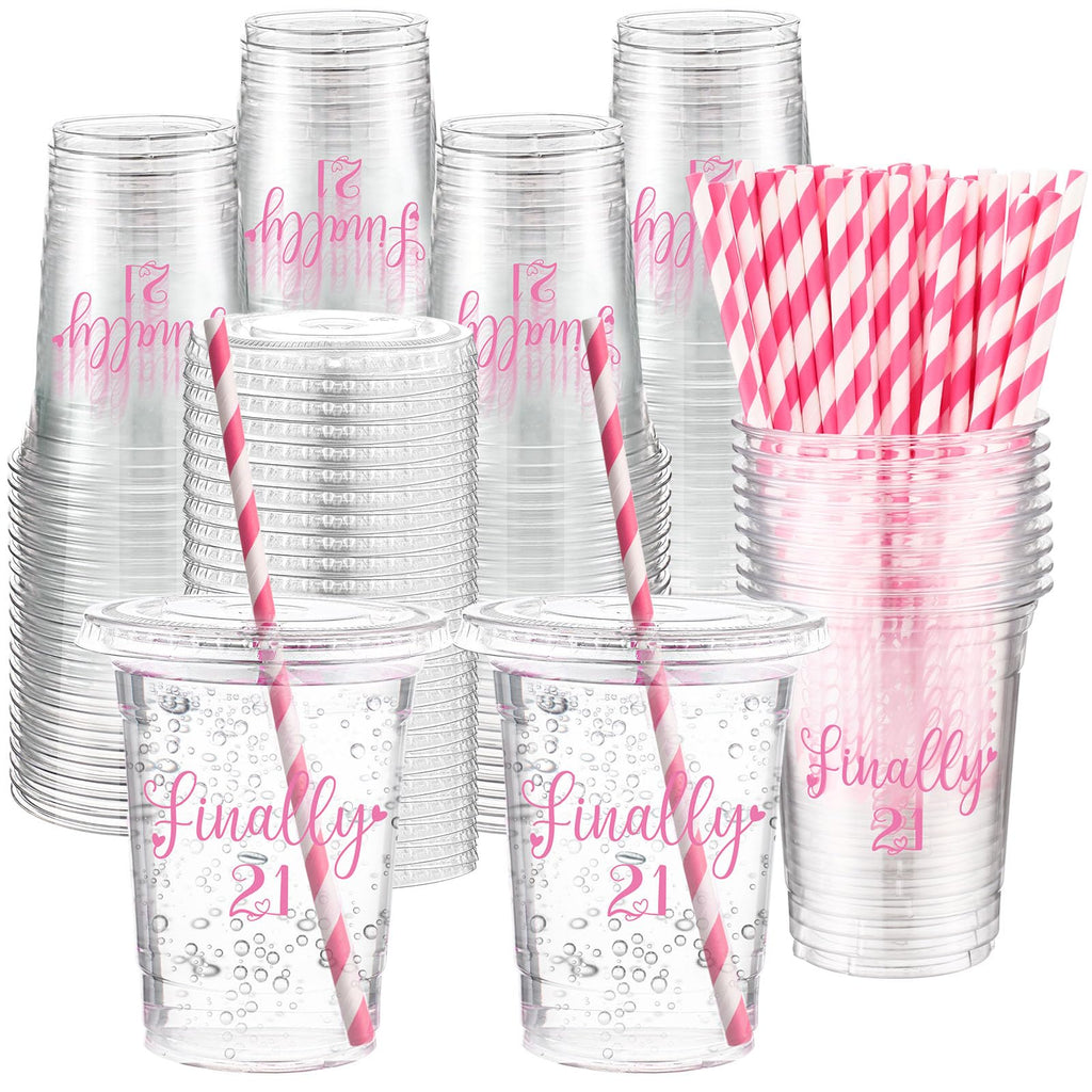 Funnymoom 50 Sets 21st Birthday Cups for Women 16 oz Plastic Cups with Lids and Straws Clear Happy Birthday Disposable Drinking glasses Bulk for Finally 21 Anniversary Party Supplies
