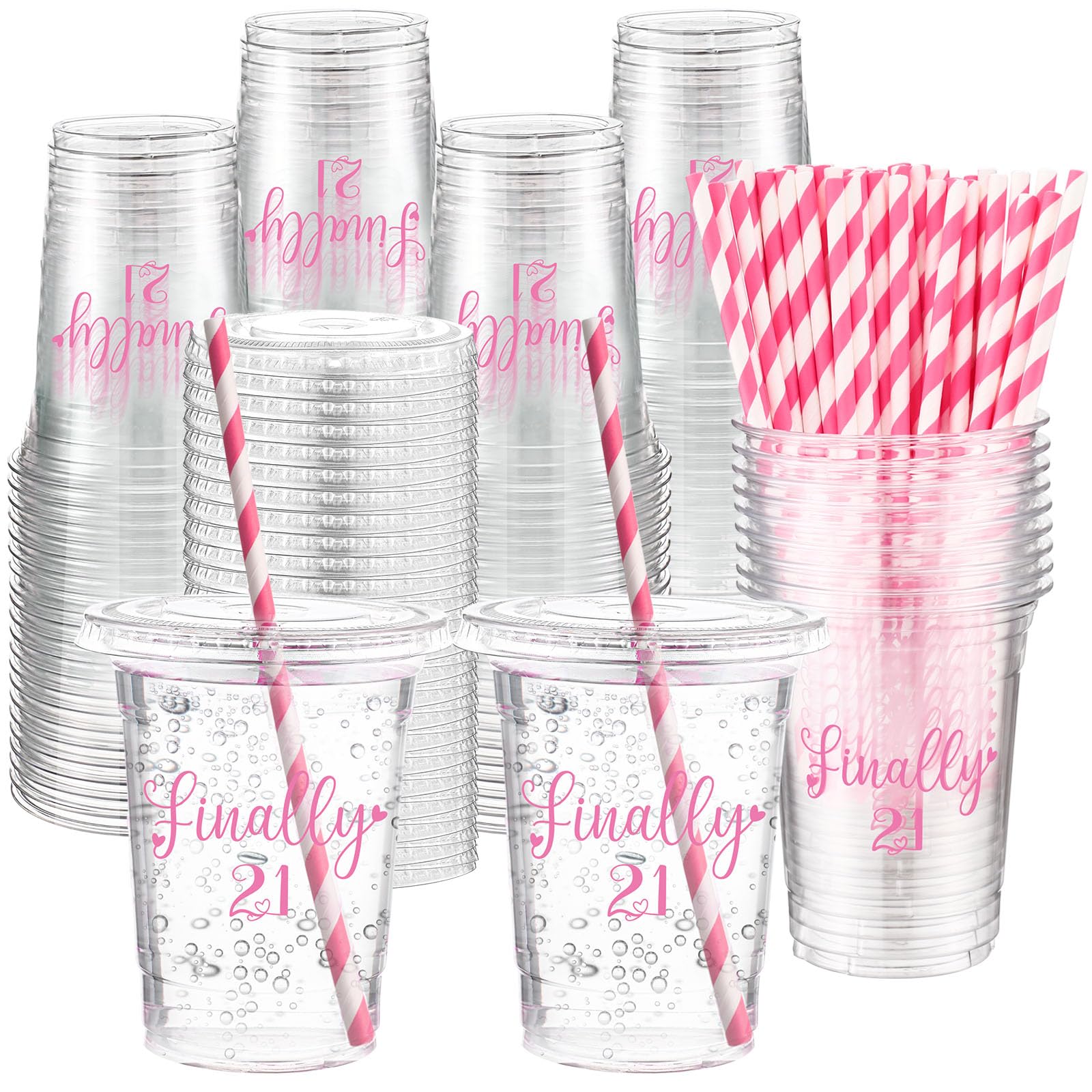 Funnymoom 50 Sets 21st Birthday Cups for Women 16 oz Plastic Cups with Lids and Straws Clear Happy Birthday Disposable Drinking glasses Bulk for Finally 21 Anniversary Party Supplies