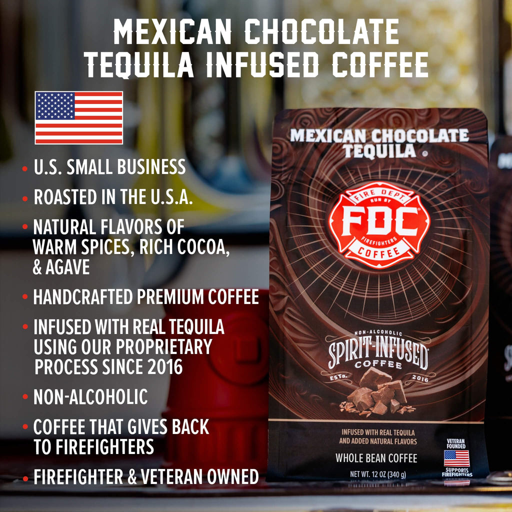 Fire Department Coffee - Gives Back to Firefighters - Mexican Chocolate Tequila Infused Whole Bean Coffee - Medium Roast - Non-Alcoholic - Roasted in the USA - Veteran Owned - 12 oz