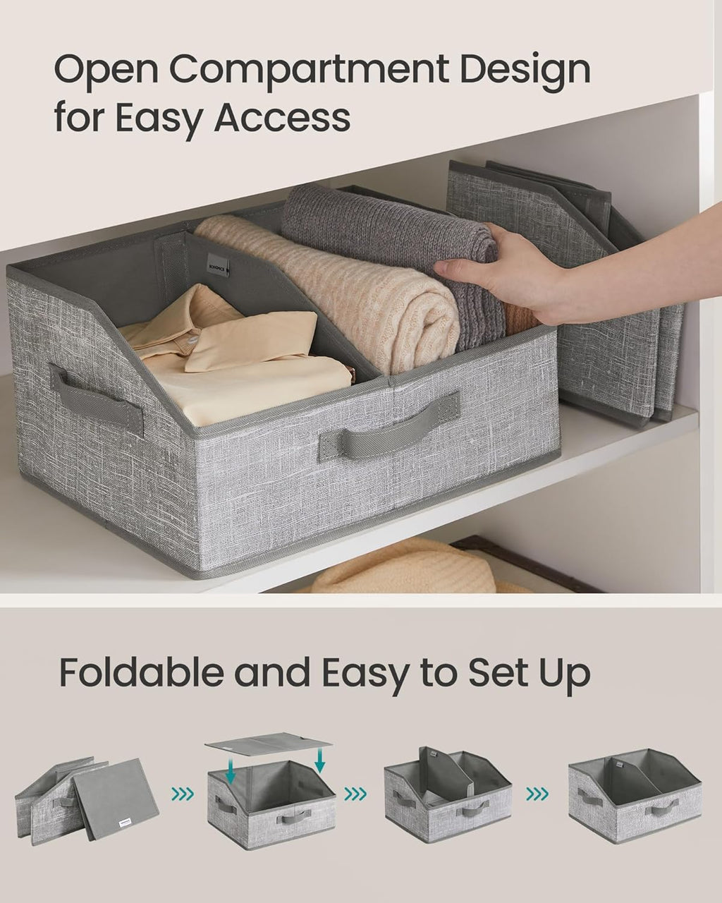 SONGMICS Storage Baskets Set of 6 - Foldable Fabric Bins with Removable Dividers | 15.7 x 11.8 x 7.9 Inches, Cattail Gray
