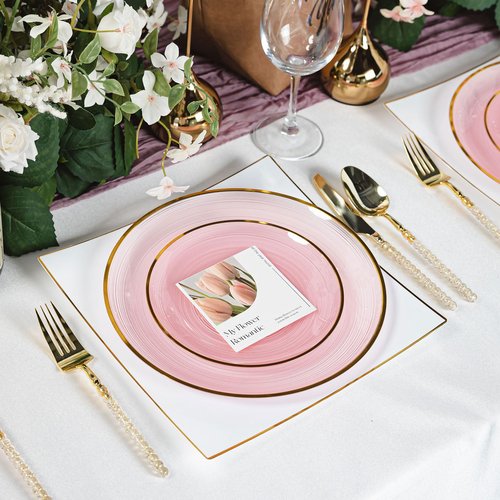 N9R 60PCS Pink Plastic Plates with Gold Rim – 30 Dinner & 30 Dessert Plates, Circular Ribbed Design, Elegant Disposable Plates for Weddings, Events, Banquets, Special Occasions (Translucent Pink)