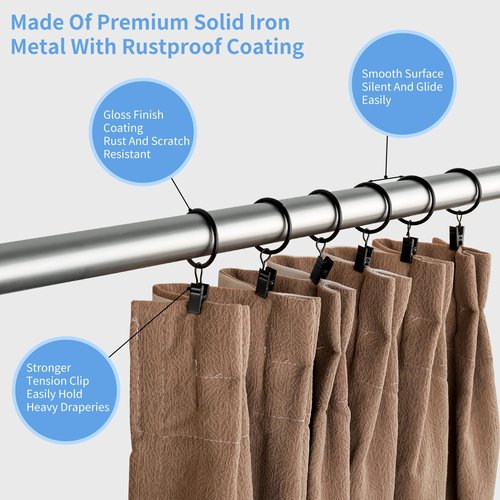 Manysky Curtain Rings with Clips, 42 Pack Metal Drapery Rings with Clips Hooks Hangers for Hanging Drapes Bows Hats, Drapes Rings 1.26 in Interior Diameter, Fits Up to 1 in Curtain Rod, Black