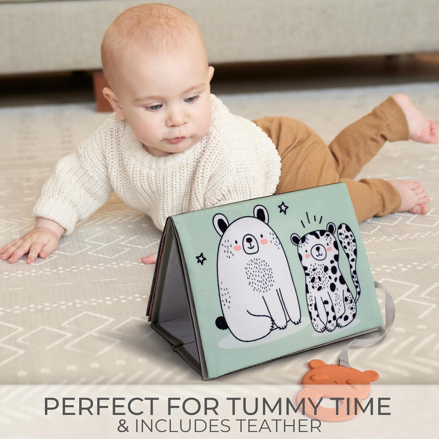 Skiennix Soft Tummy Time Book - High Contrast Montessori Toy with Baby Safe Mirror & Crinkle Filling | Ideal for Newborn Development