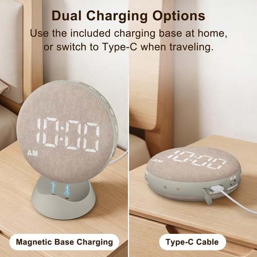 SolaceRise Super Loud Alarm Clock for Heavy Sleepers: Vibrating Digital Auto-Dim Clock with Bed Shaker for Hearing Impaired - Portable Rechargeable Battery for Bedroom Travel Dorm - Putty