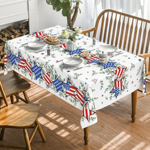 Horaldaily Tablecloth - 60x84 Inch Patriotic Eucalyptus Star Design for 4th of July Celebrations