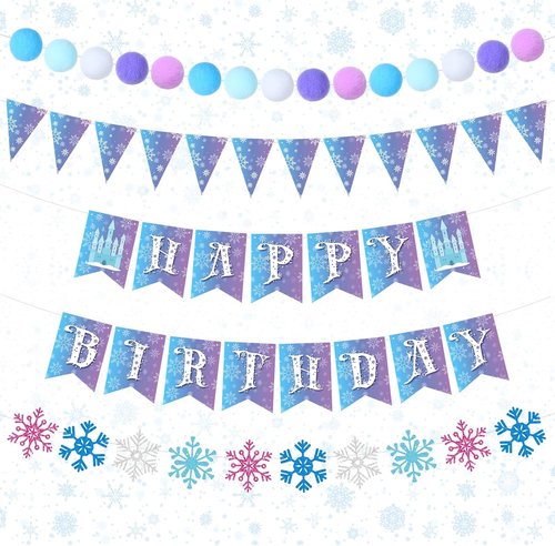 Fanfanwin Snowflake Birthday Banner Set - 5 Pcs Blue Snowflake Design with Felt Castle Decor | Winter Holiday Party